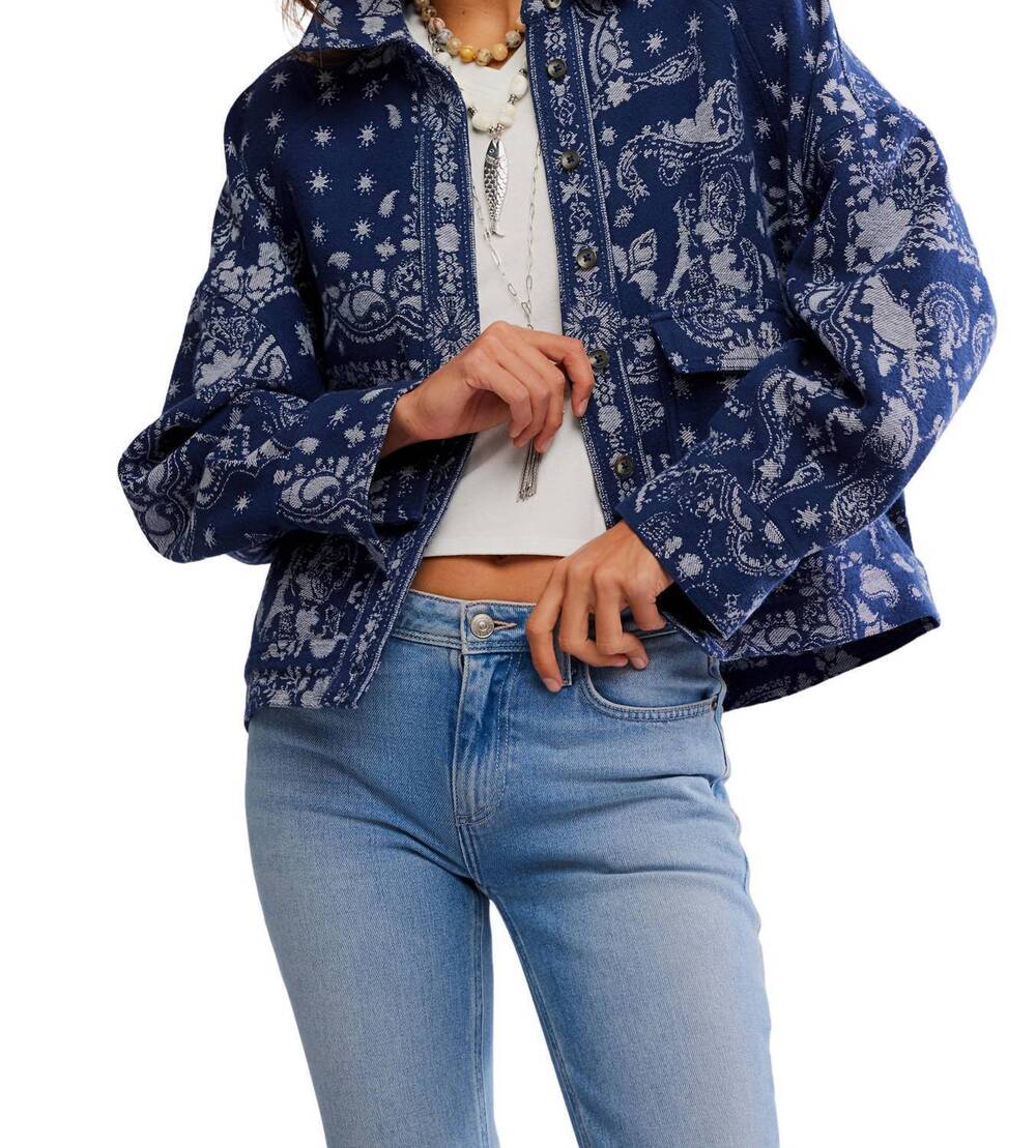 NEW FREE PEOPLE women's bandana jacquard shirt jacket in blue